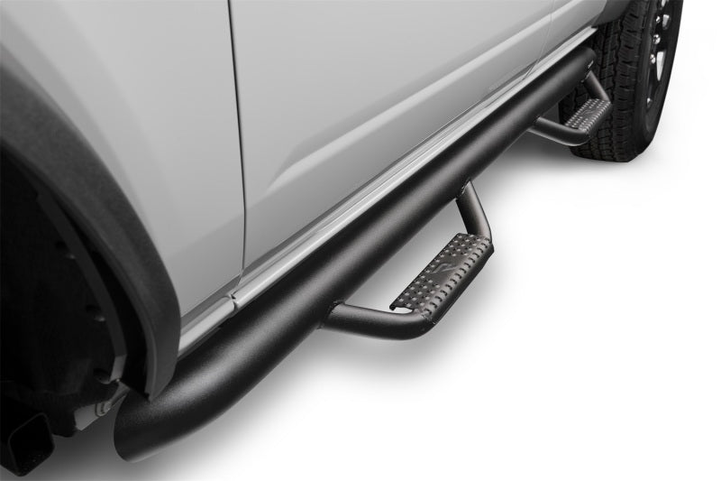 N-Fab Nerf Step 2021 Ford Bronco (4 Door) - Tex. Black - SRW - 3in. side view with offroad truck accessories.