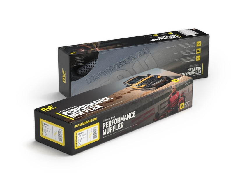 MagnaFlow Muffler Mag SS 14X4X9 2.5 D/D performance exhaust muffler packaging for offroad performance upgrades.
