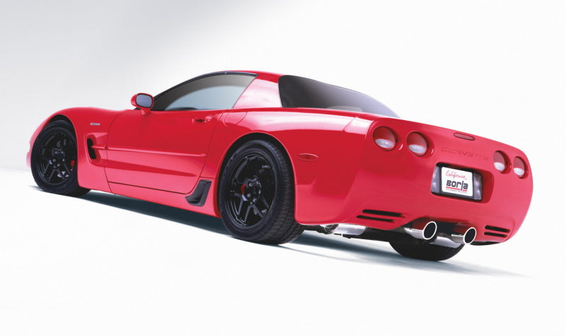 Borla 97-04 Chevrolet Corvette 5.7L 8cyl RWD Very Aggressive Catback Exhaust - Off-Road/Racing on a red sports car.