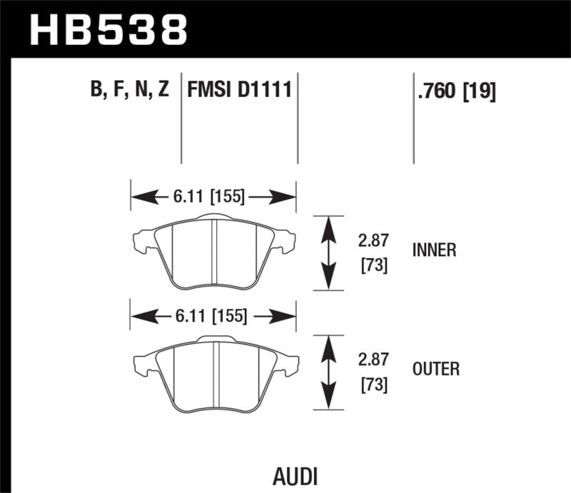 Hawk 09 Audi A4 Cabriolet / 05-07 A4 / 05-09 A4 Quattro / 06-09 A6 / 08 VW R32 HPS Front Brake Pads Secondary image