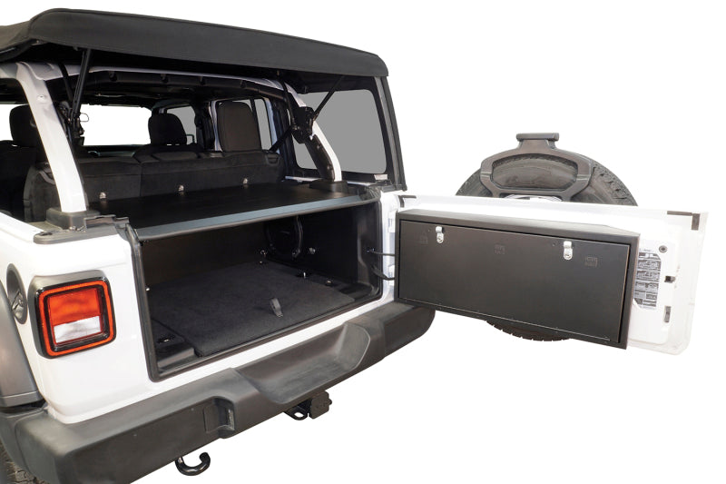 Tuffy Deluxe Enclosure For Jeep Wrangler W/ Subwoofer installed with open lid showcasing secure storage.