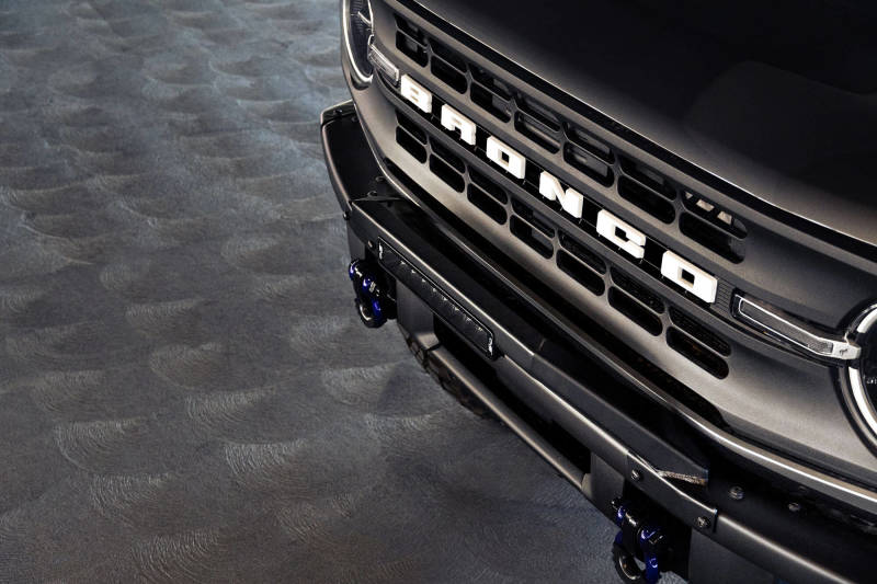 DV8 Offroad 21-22 Ford Bronco Factory Modular Front Bumper Bull Bar on vehicle