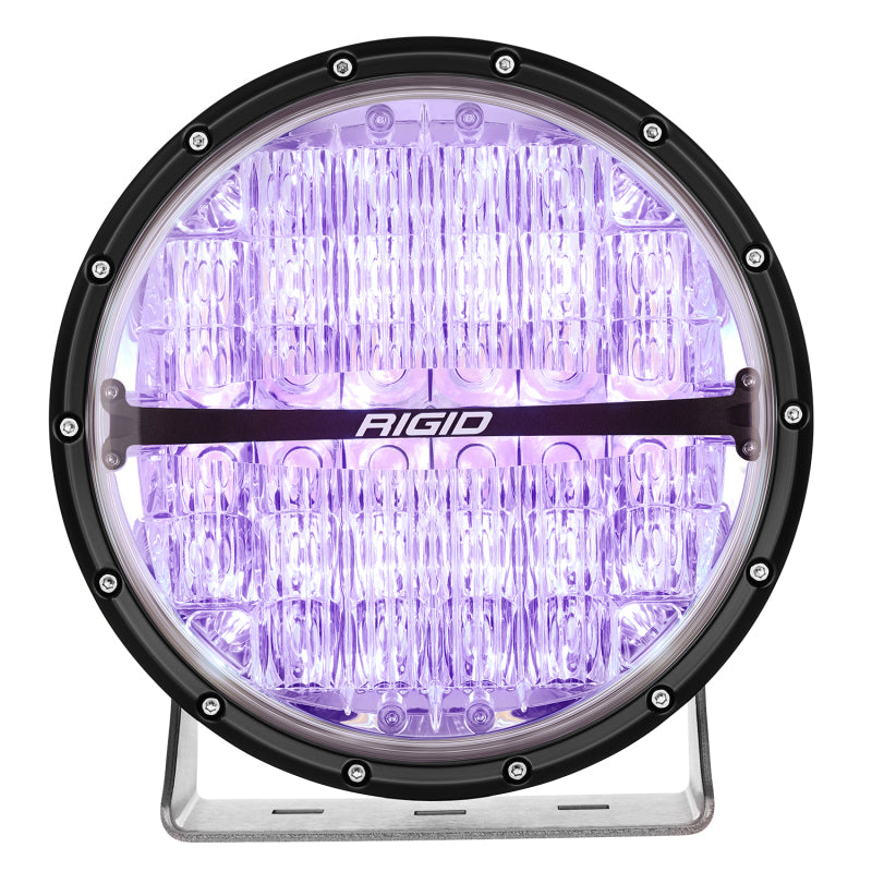 Rigid Industries 360-Series 9in LED Off-Road Drive Beam - RGBW with purple light.