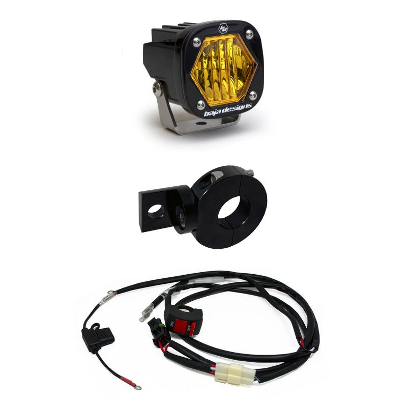 Baja Designs S1 Wide Cornering Electric Start Pit Bike LED Light - Amber with mounting bracket and wiring harness Main image