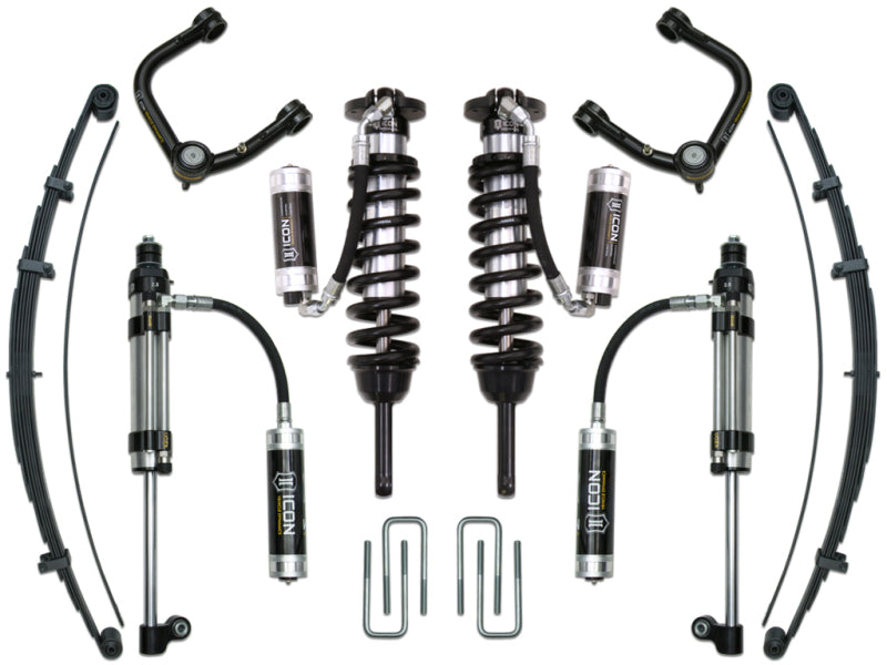 ICON 05-15 Toyota Tacoma 0-3.5in/16-17 Toyota Tacoma 0-2.75in Stg 10 Suspension System w/Tubular Uca parts laid out Main image