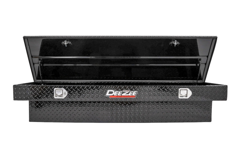 Deezee Universal Tool Box - Red Crossover - Single Lid Black BT Full Size opened showing interior features for offroad truck accessories.