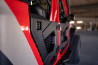 DV8 Offroad 18-22 Jeep Wrangler JL/JT Spec Series Half Doors - Rear Set close-up, showcasing exterior accessories for trucks.