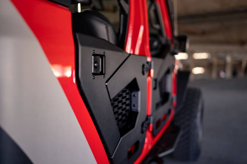 DV8 Offroad 18-22 Jeep Wrangler JL/JT Spec Series Half Doors - Rear Set close-up, showcasing exterior accessories for trucks.