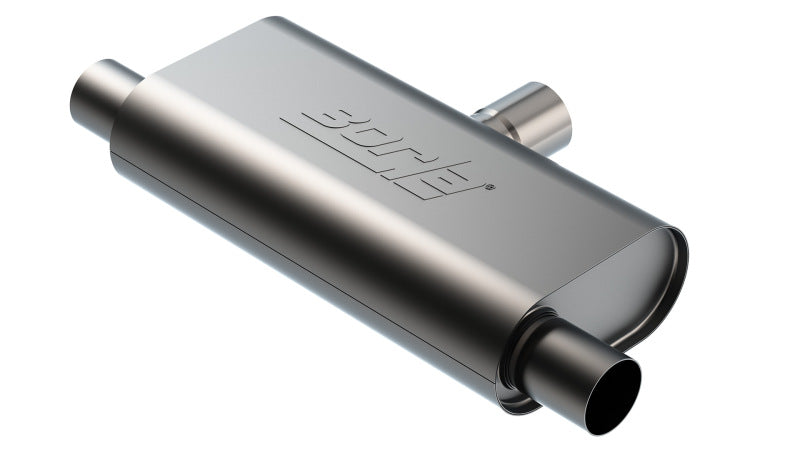 Borla T- Flow Universal Muffler - 2.5in Single Inlet/2.5in Dual Outlet 24in OAL 4.25x9.10x18in Body for offroad performance upgrades.