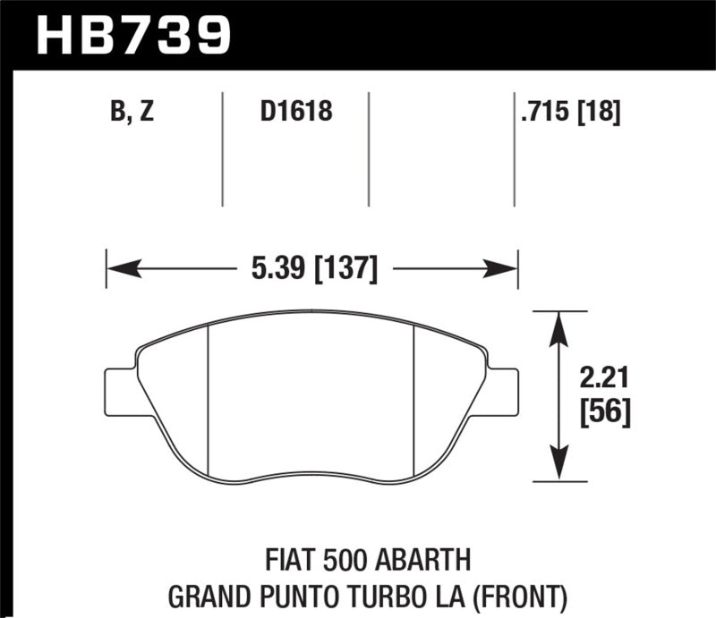 HB739 dimensions for Hawk 2013 Fiat 500 Abarth Front HPS 5.0 Street Brake Pads Main image