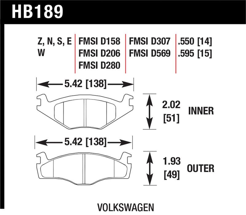 Hawk Blue 9012 Brake Pads Volkswagen dimensions and specifications