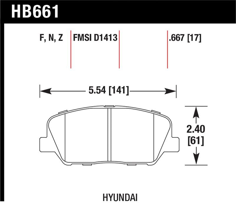 Hawk 10 Hyundai Genesis Coupe (w/o Brembo Breaks) HPS Street Front Brake Pads dimensions diagram. Main image