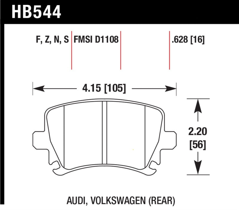 Hawk 06 Audi A6 Quattro Avant / 06-09 A6 Quattro  HP+ Rear Brake Pads dimensions and specifications