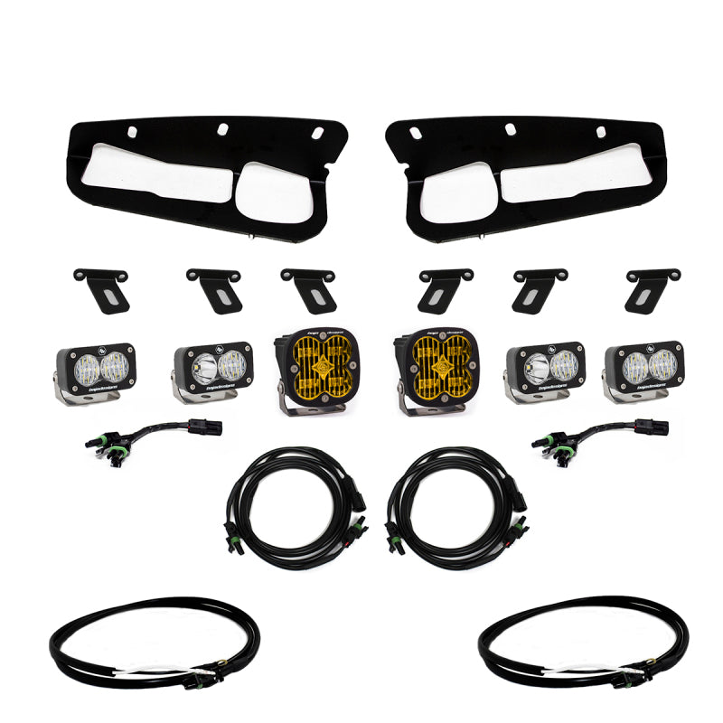 Baja Designs 2021+ Ford Bronco Amber SAE Fog Pocket Kit w/Upfitter components and wiring layout