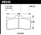 Hawk Wilwood DTC-60 Brake Pads dimensions diagram, HB540.