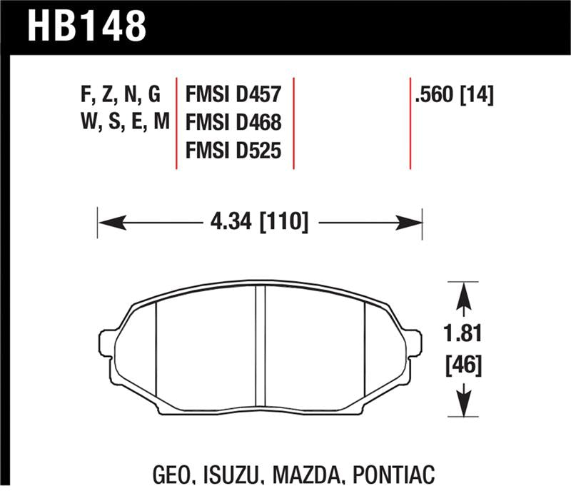 Hawk 89-93 Miata Blue 9012 Race Front Brake Pads D525 dimensions and specifications for performance upgrades