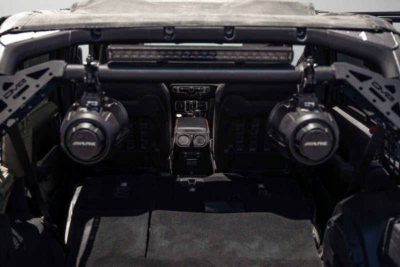 DV8 Offroad 18-23 Jeep Wrangler JL 4-Door Speaker/Light Bar Mount with speakers and light.
