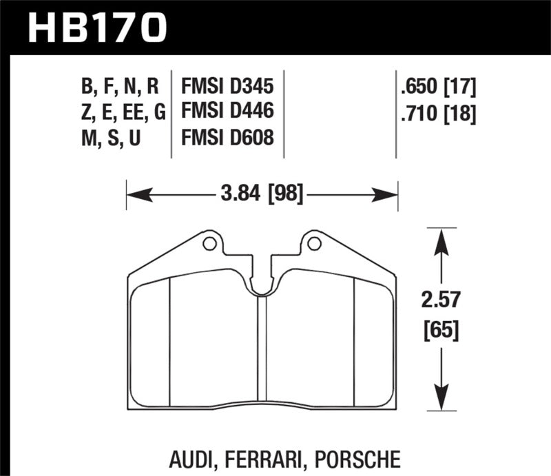 HB170 brake pad dimensions for Audi, Ferrari, Porsche