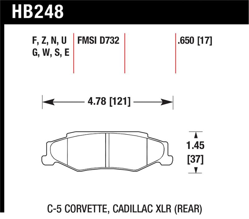 Hawk 97-06 Corvette (incl C5 Z06) HP+ Street Rear Brake Pads specifications diagram