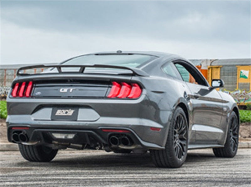 Borla 2018 Ford Mustang GT (A/T / M/T) 3in ATAK Catback Exhaust w/o Valves w/ Black Chrome Tips installed on gray Mustang GT