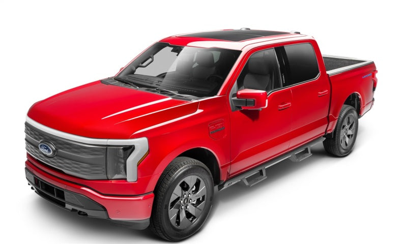 N-Fab EPYX 15-19 Ford F-150/17-19 Ford F-250/F-350 Superduty SuperCrew - Cab Length - Tex. Black on a red Ford truck
