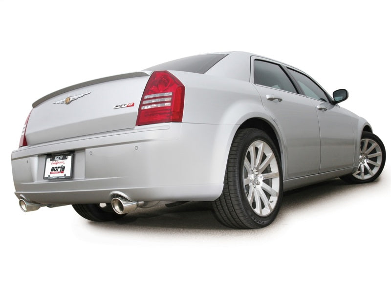Borla 06-10 Dodge Charger SRT8 / 05-10 Chrysler 300 C SRT8 Aggressive ATAK Catback Exhaust installed on a silver car.