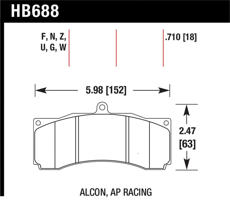 Hawk Alcon / AP Racing / Baer HPS Brake Pads dimensions diagram