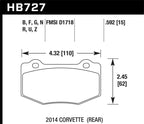 Hawk 2014 Chevrolet Corvette DTC-60 Rear Brake Pads dimensions