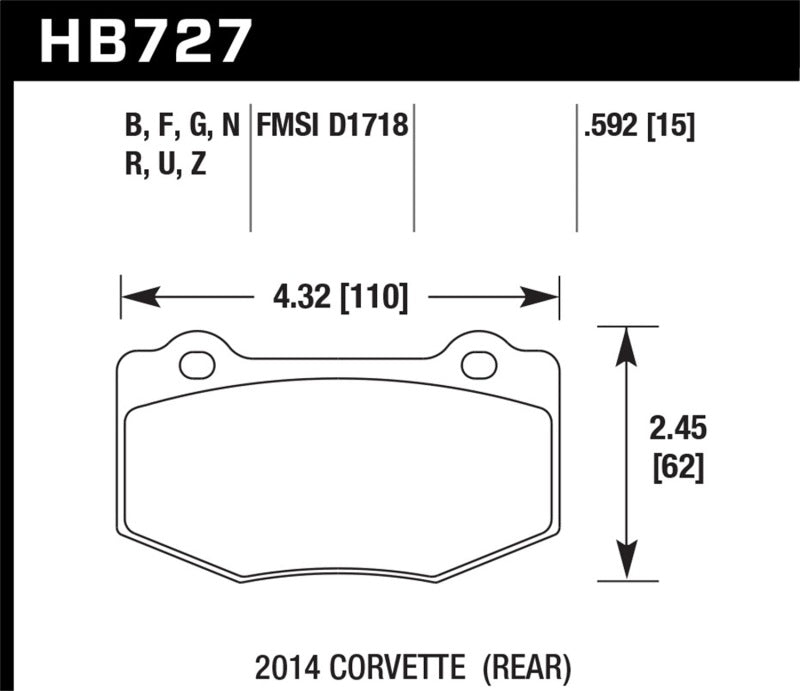 Dimensions diagram for Hawk 2014 Chevrolet Corvette PC Rear Brake Pads Main image