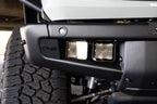 DV8 Offroad 21-22 Ford Bronco Factory Bumper Pocket Light Mount (Pair) 3in LED Pod Lights installed on front bumper.
