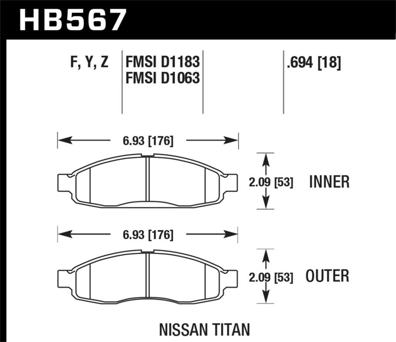 Hawk 04-06 Infiniti QX56 / 05-06 Armada / 04 Pathfinder / 04-07 Titan LTS Street Front Brake Pads specifications diagram Main image