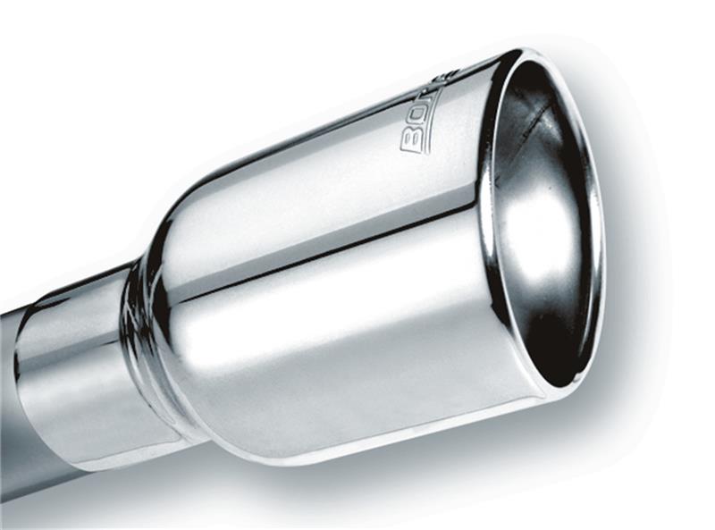 Borla Universal Polished Tip Single Round Rolled Angle-Cut w/Clamp (inlet 2 1/2in. Outlet 4 x 4in) exhaust tip detail