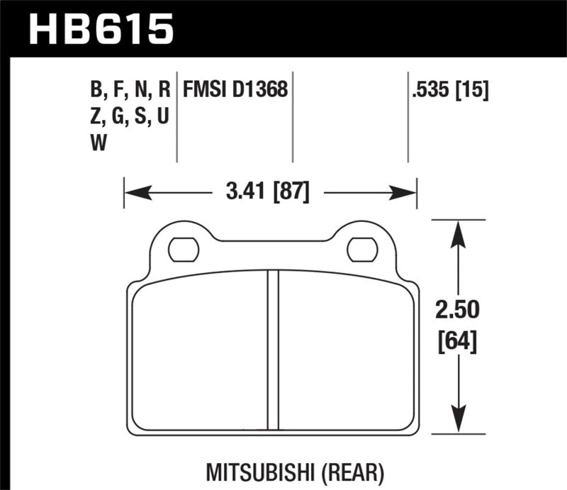 Hawk EVO X HPS Street Rear Brake Pads dimensions for Mitsubishi