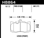 HB864 dimensions for Hawk 13-17 Lexus GS350/GS350 F Sport / 12-17 Lexus IS350 HPS Street Front Brake Pads