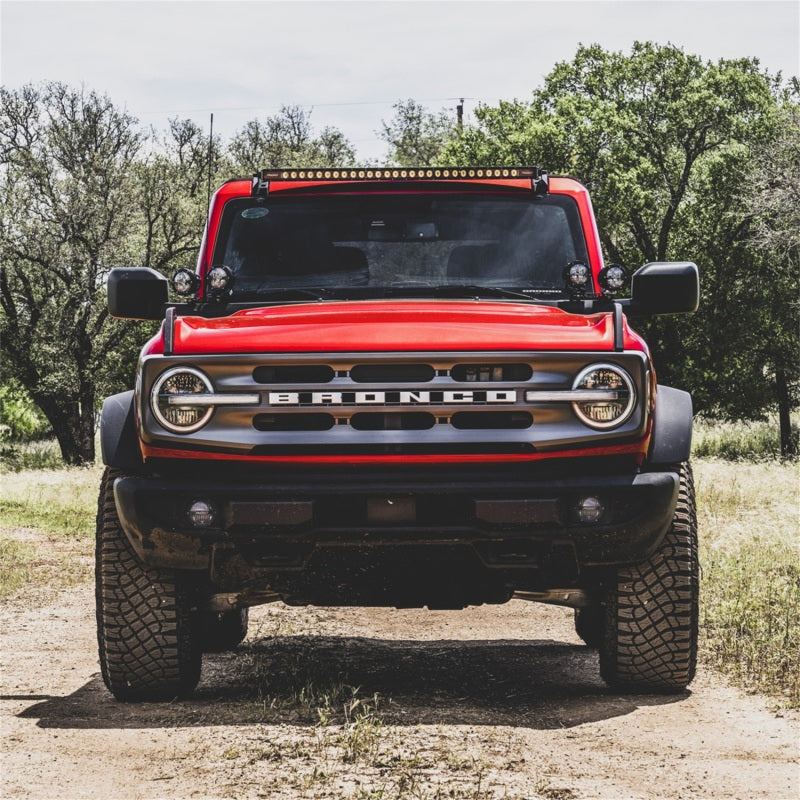 Rigid Industries 21+ Ford Bronco(Excl. 1st Edition) 360-Series PRO SAE Fog Light Kit - White installed on red Bronco