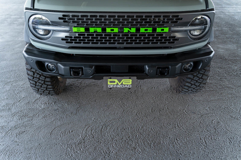 DV8 Offroad 21-23 Ford Bronco Capable Bumper Front License Plate Mount installed on vehicle