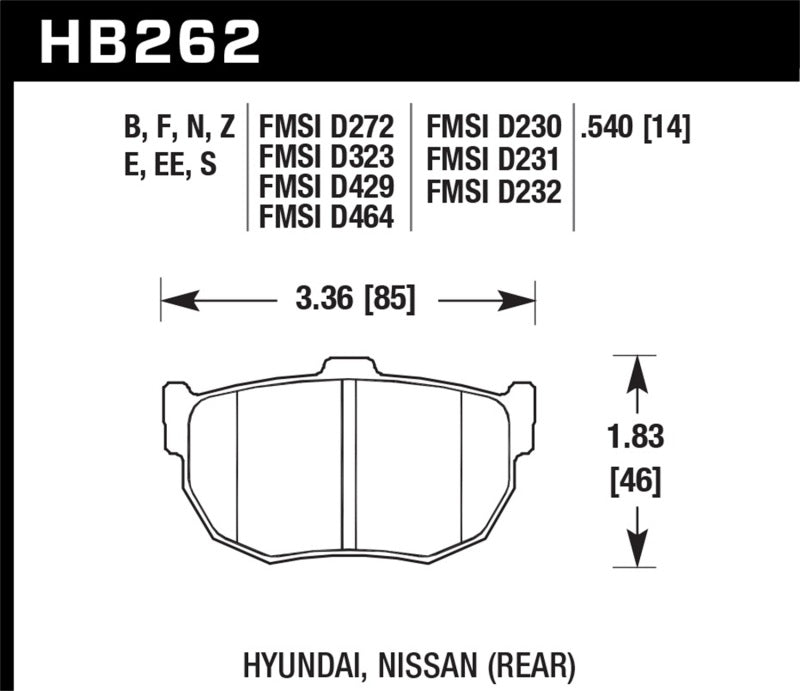 Diagram of Hawk 89-97 Nissan 240SX SE HPS Street Rear Brake Pads specifications.