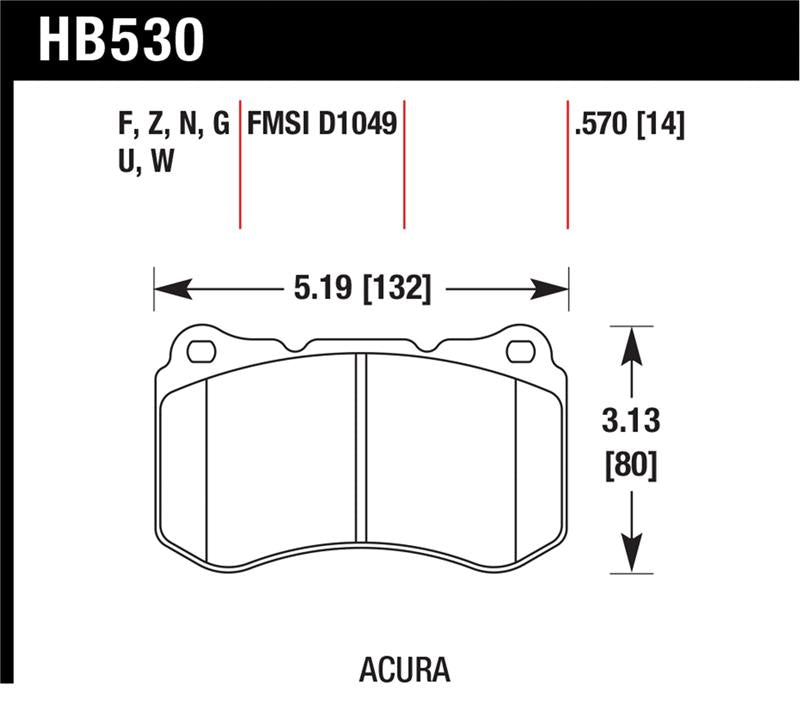 Hawk HP+ Street Brake Pads dimensions for Acura vehicles
