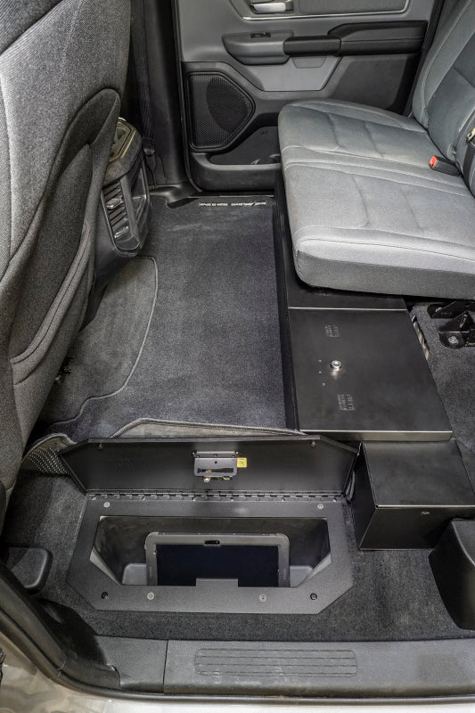 Tuffy Infloor Lid W/ Keyed Lock For Ram Trucks Crew Cab installed in truck interior
