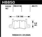 Hawk 14-17 Porsche 911 GT3 DTC-60 Race Rear Brake Pads dimensions