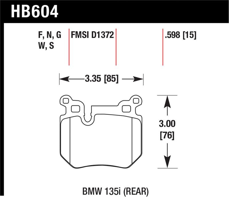 Hawk BMW 135i HPS Street Rear Brake Pads dimensions diagram