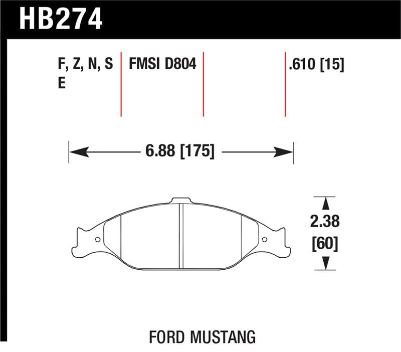 HB274 drawing of Hawk HP+ Street Brake Pads for Ford Mustang