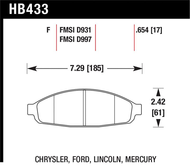 Hawk HPS Street Brake Pads dimensions for Chrysler, Ford