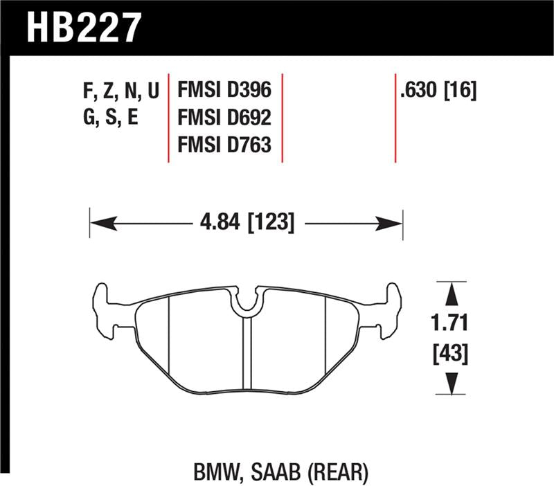 Hawk 95-99 BMW M3 E36 Performance Ceramic Street Rear Brake Pads specifications diagram.
