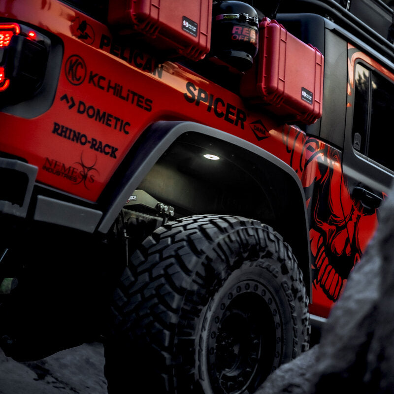 KC HiLiTES Cyclone V2 LED - Rock Light - 6-Light System - Clear - 5W Flood Beam on off-road vehicle
