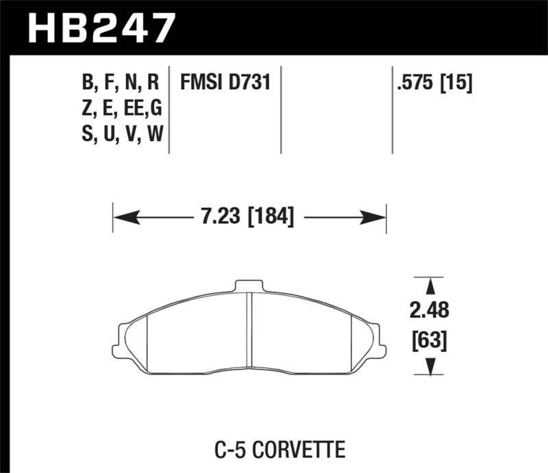 HB247 C-5 Corvette brake pad dimensions for Hawk 04-09 Cadillac XLR / 01-04 Corvette Z06/ 05-06 Pontiac GTO DTC-60 Race Front Brake Pads