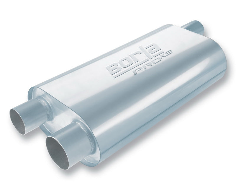 Borla Universal Oval Transverse Single 3in Inlet/2.5in Outlet 19in x 10.25in x 5.5in Turbo Muffler for offroad vehicles.
