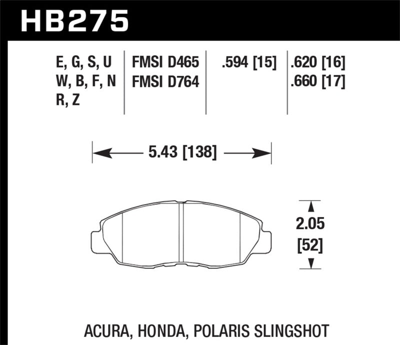 HB275 Brake Pad Specifications for Acura Honda Slingshot