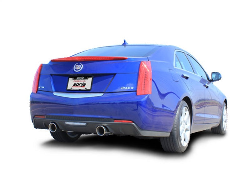 Borla 13-15 Cadillac ATS 2.0L AT RWD 4Dr Single Split Rear Exit Exhaust (Rear Section) on a blue sedan