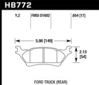 Hawk 2012-2016 Ford F-150 / Full-Size Trucks and SUV - LTS Street Brake Pads dimensions for Ford Truck rear brakes.